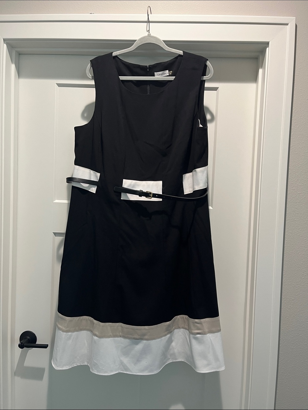 NEW Calvin Klein Black Midi Dress with White and Tan Accents